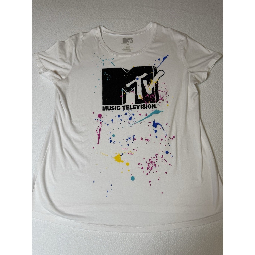 MTV Music Television Paint Splatter Graphic‎ T-Shirt XL White Retro